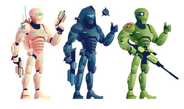 Fantasía cyborg guerreros armados conjunto de vectores de dibujos animados — Archivo Imágenes Vectoriales