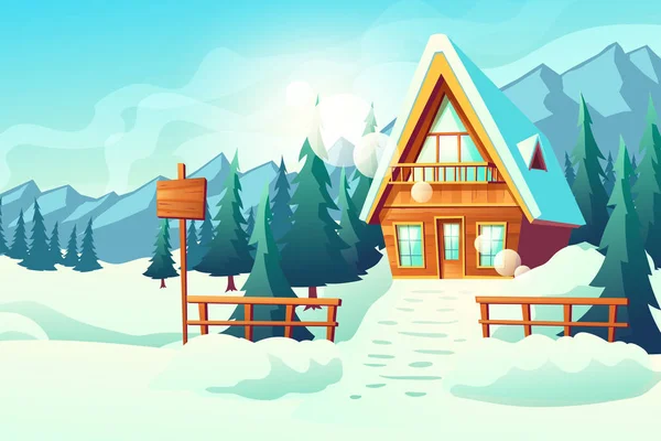 Chalupa dům v zimních horách kreslené vektorové — Stockový vektor