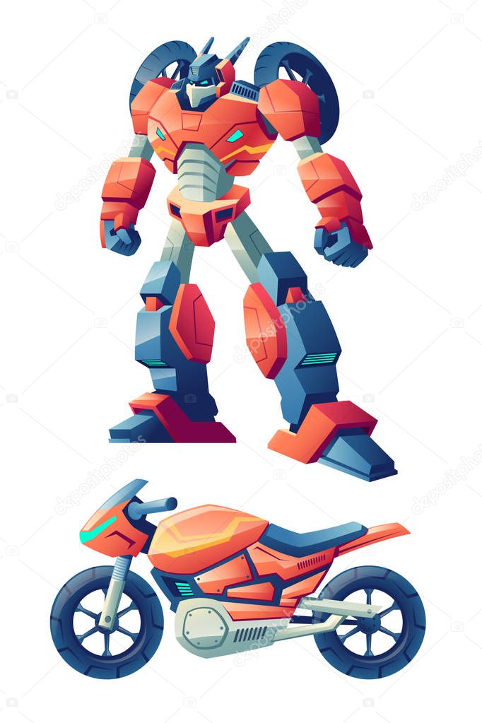 Robot transforming in motorcycle cartoon vector