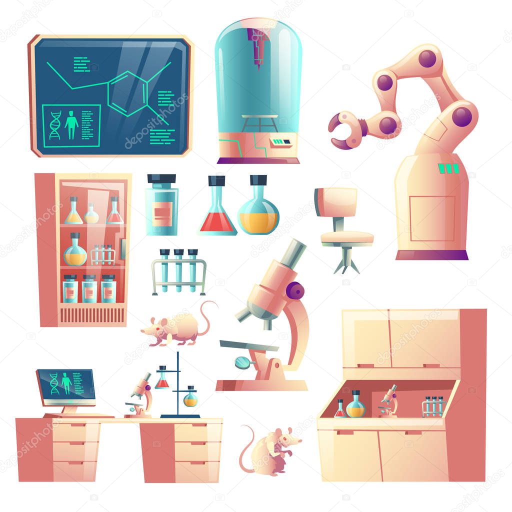Future science lab equipment cartoon vector set