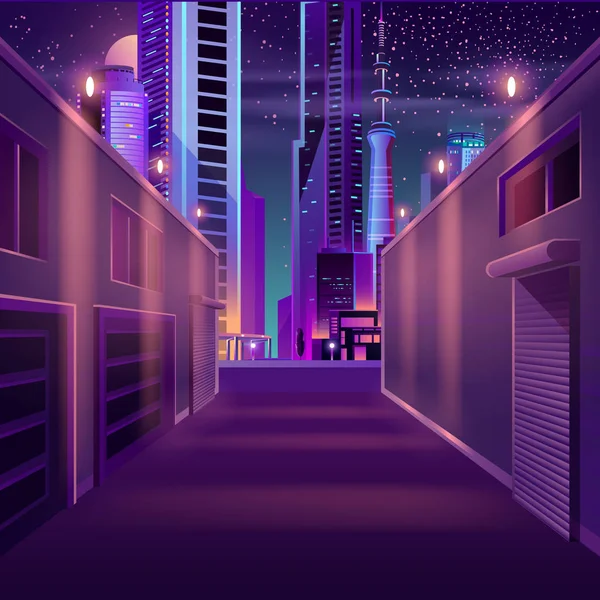 Noche de la ciudad vacía calle lateral vector de dibujos animados — Vector de stock
