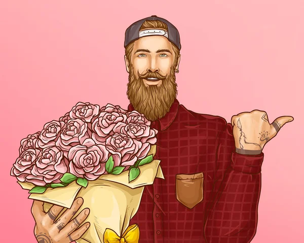 Homem Hipster com buquê de vetor de rosas — Vetor de Stock