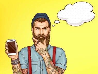 Hipster adam gösteren cep telefonu karikatür vektör