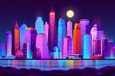 Gece şehir futuristic manzara vektör arka plan