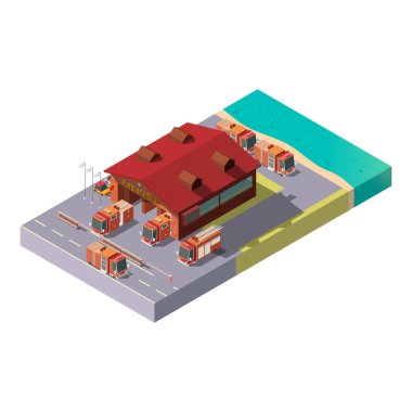 3D izometrik itfaiye istasyonu vektör. Belediye hizmeti