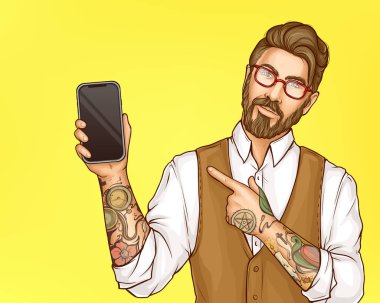 Cep telefonunuzun elinde vektör işaret hipster adam