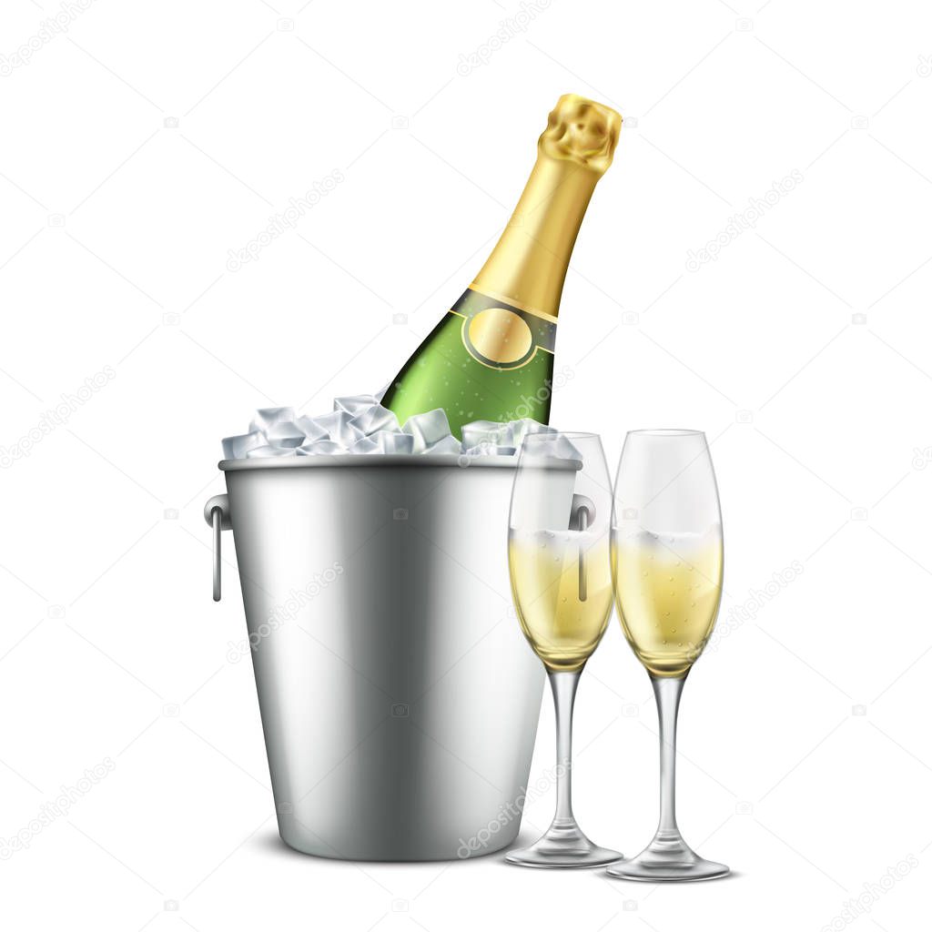 Chilled champagne in wine glasses realistic vector