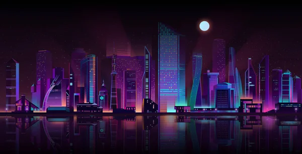 Metropolis noche paisaje neón vector de dibujos animados — Vector de stock