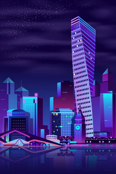 Ciudad moderna muelle noche paisaje vector de dibujos animados — Archivo Imágenes Vectoriales