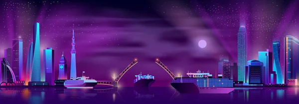 Baie de la ville avec fond vectoriel dessin animé pont-levis — Image vectorielle