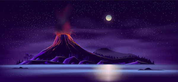 Île déserte avec vecteur de dessin animé volcan actif — Image vectorielle