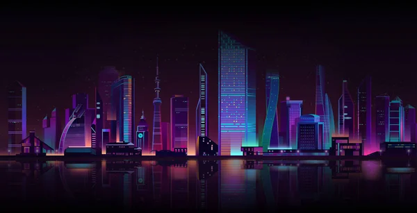 Metropolis noite fundo neon cartoon vector — Vetor de Stock