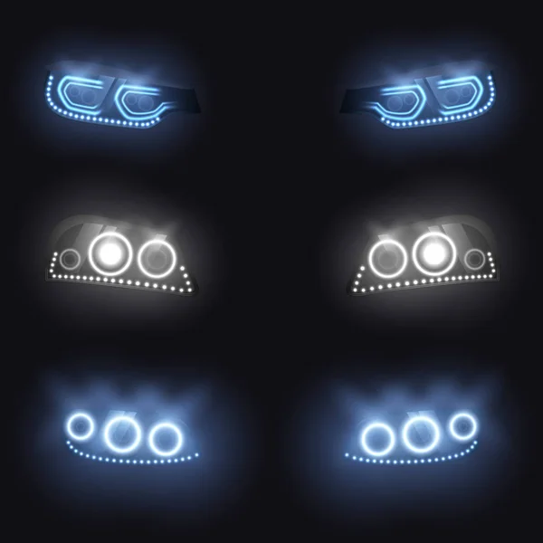 Modern car glowing headlights vector set — Stock Vector