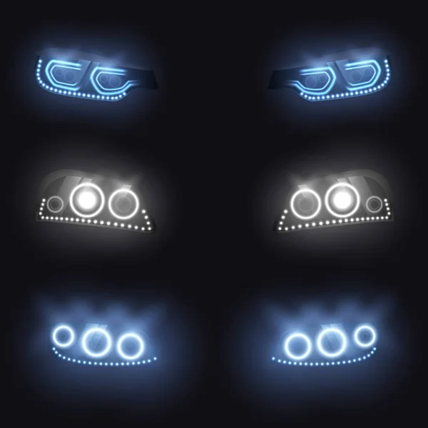 Moderne auto gloeiende koplampen vector set — Stockvector