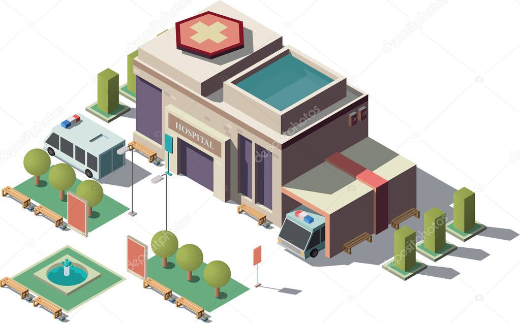 Vector 3d isometric hospital, ambulance with parking