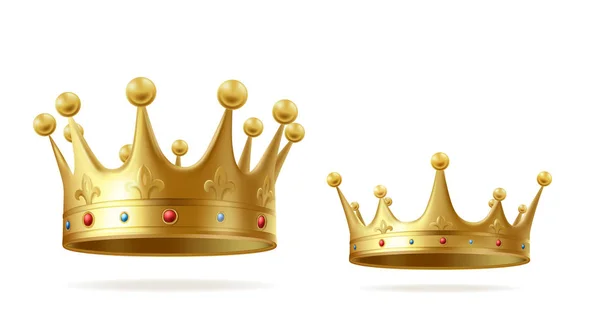 Golden realistic king or queen crown set with gems — Stock Vector