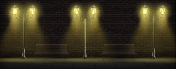 Streetlights lighting on brick wall background — Stock Vector