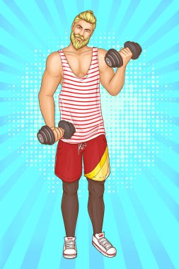 Sakallı adam halter ile fitness egzersizleri yapıyor