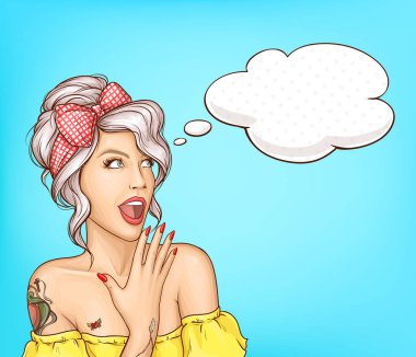 Seksi sürpriz kadın wow pop art retro komik yüz