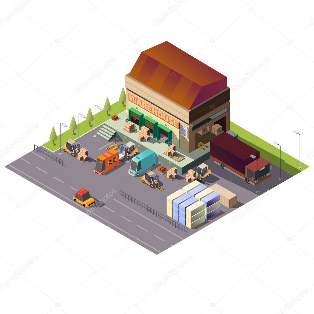 Commercial warehouse building isometric vector