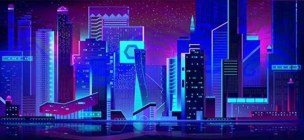 Città di notte in luci al neon. Architettura futuristica — Vettoriale Stock