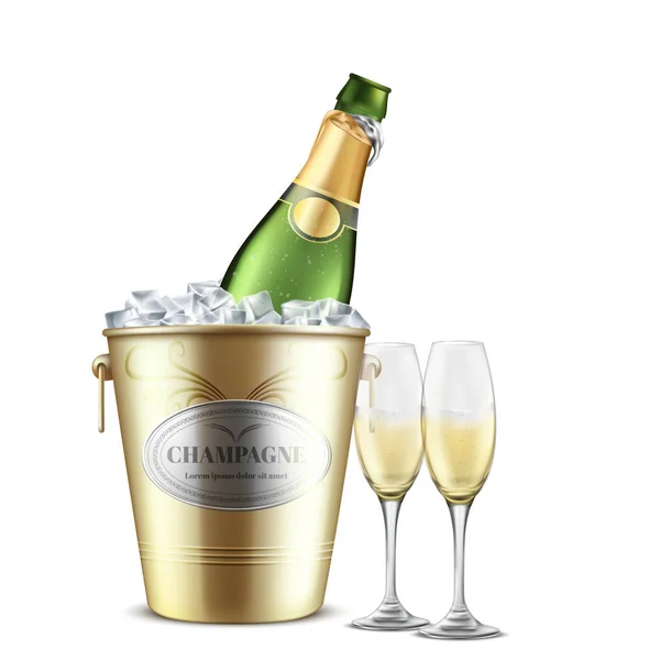 Bottiglia di champagne aperta in secchio con vettore ghiaccio — Vettoriale Stock