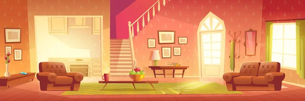 Interiér v kresleném domě. Světlá hala a obývací pokoj — Stockový vektor
