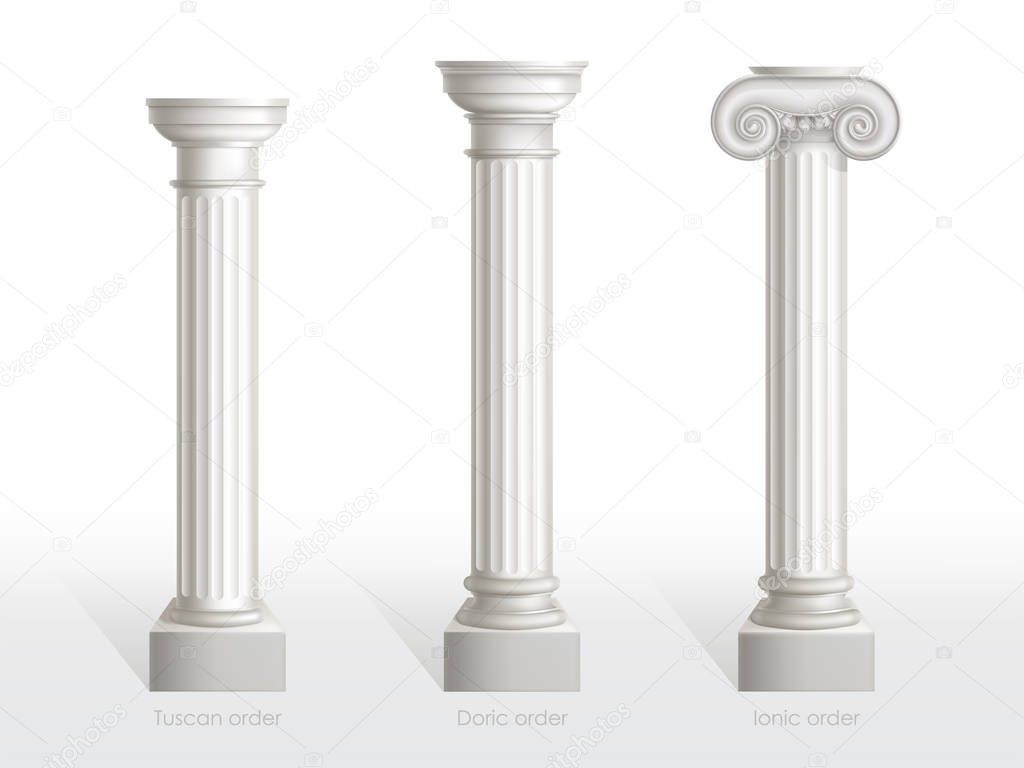 Antique columns set of Tuscan, Doric, Ionic Order.