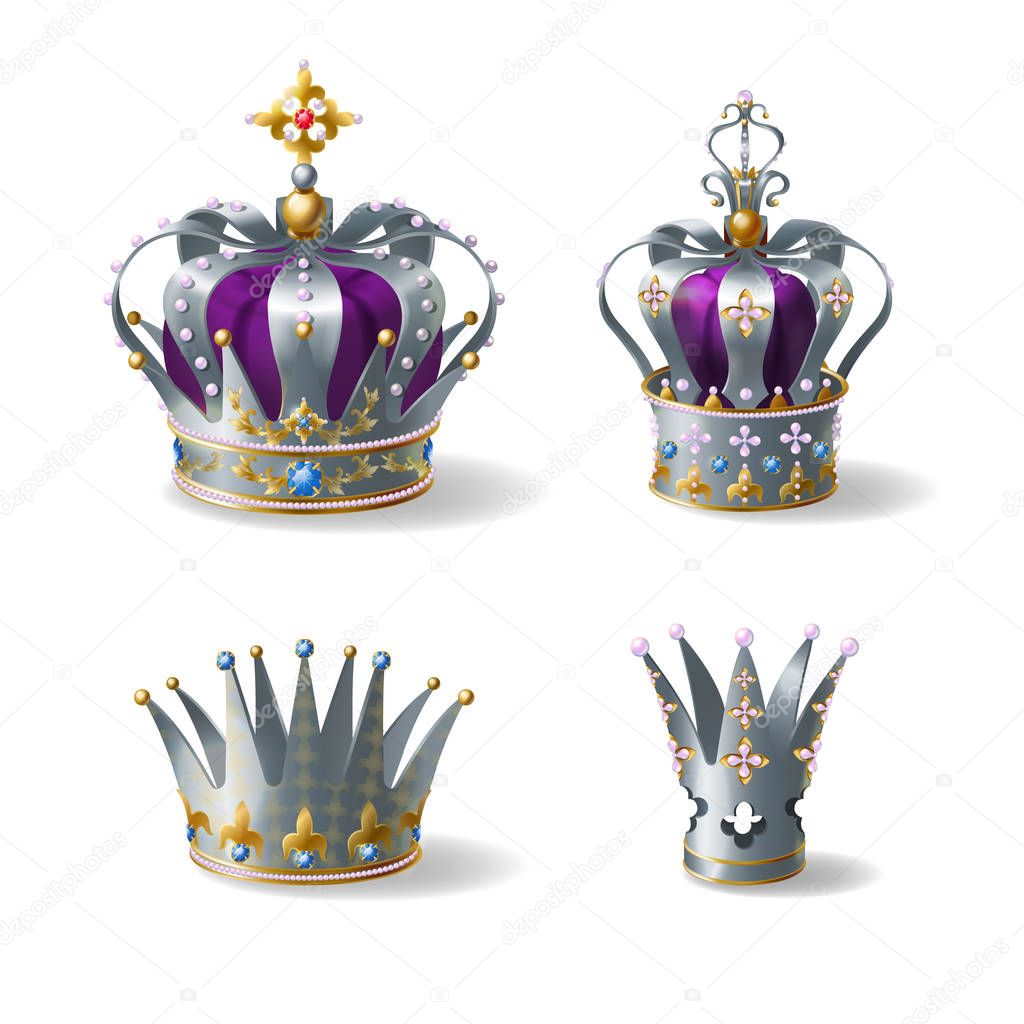 Silver royal crowns 3d realistic vector set