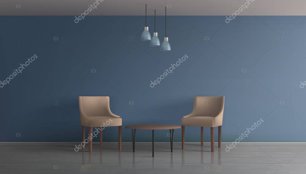 Download Modern Apartment Living Room Hotel Lounge Office Waiting Area Minimalistic Interior 3d Realistic Vector Mockup Two Comfortable Chairs With Backrest Near Coffee Table In Spacious Room Illustration Premium Vector In Adobe PSD Mockup Templates