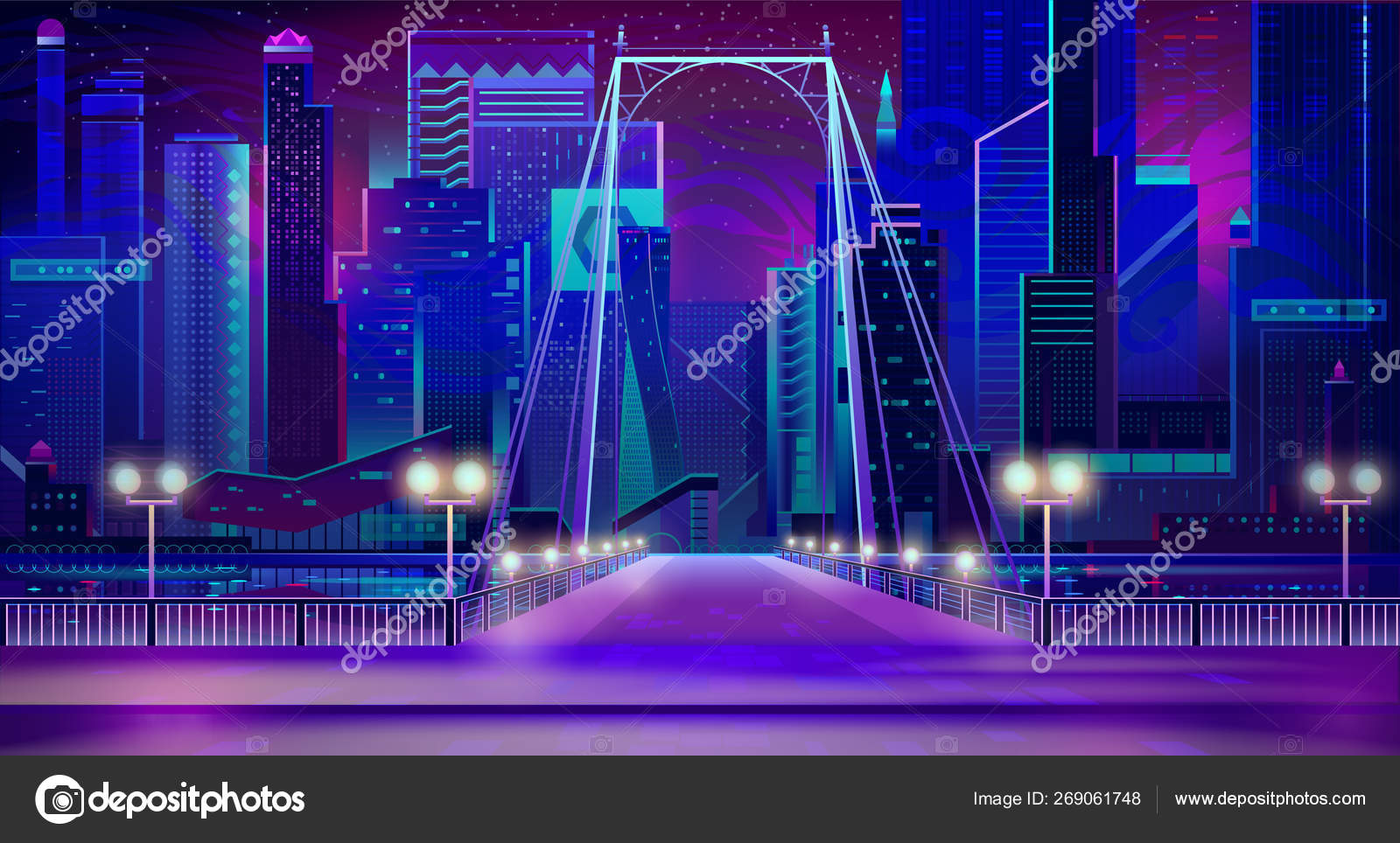 Luces de neón de la ciudad nocturna, entrada de puente, muelle, lámparas  Vector de stock #269061748 de ©vectorpocket, image size:1600x964