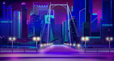 Gece şehir neon ışıkları, köprü girişi, rıhtım, lambalar