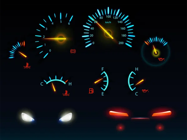 Car glowing indicators and headlights vector set — Stock Vector
