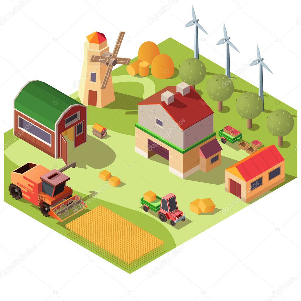 Farmyard with buildings and machines vector