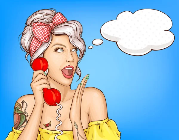 Mujer sorprendida hablando en vector de teléfono retro — Vector de stock