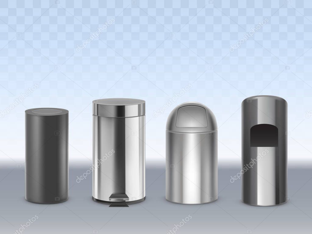 Metal trash cans 3d realistic vector set