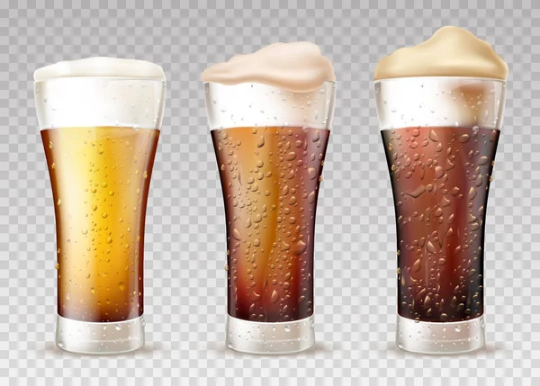 Cold beer or ale in wet glass realistic vector set — Stock Vector