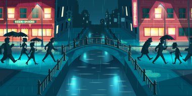 Gece şehir karikatür vektör yağmurlu hava