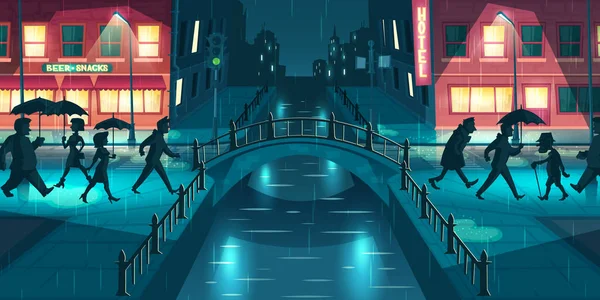 Clima chuvoso em vetor de desenho animado da cidade noturna — Vetor de Stock