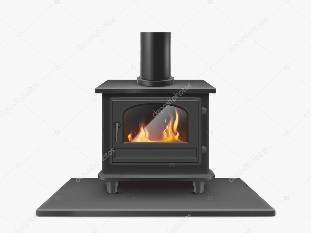 Wood burning stove iron fireplace with fire inside