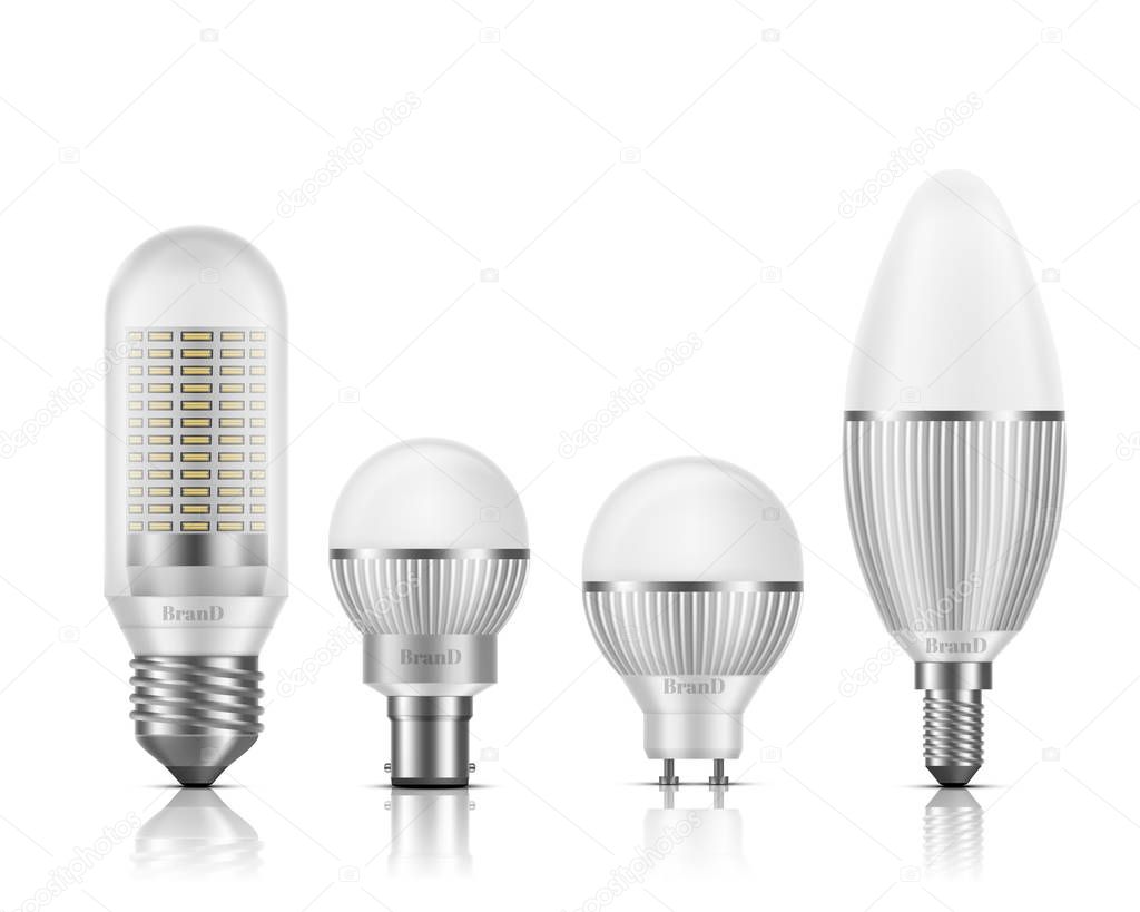 LED bulbs with different base types vector set