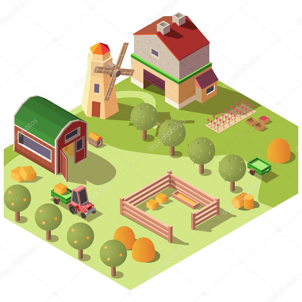Farm farmyard with outbuildings isometric vector