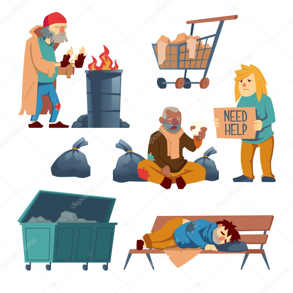 Homeless beggars cartoon vector characters set