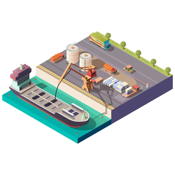 Carga de buques cisterna en puerto vector isométrico — Vector de stock