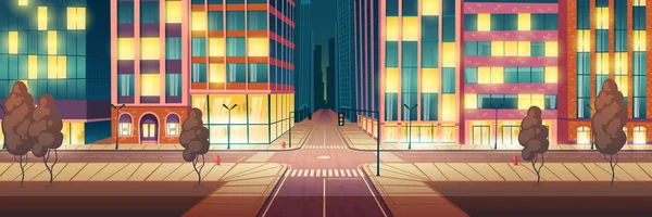 Night city illuminated street, empty road vector — Stock Vector