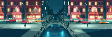 Gece şehir sokaklarında yağmurlu hava karikatür vektör