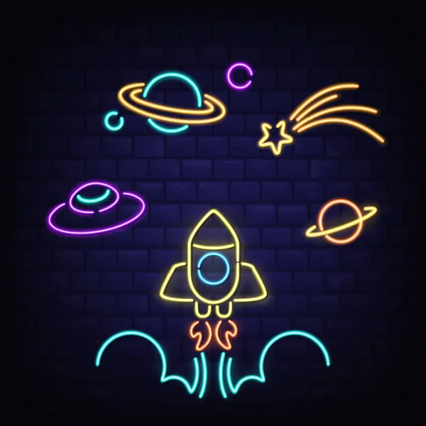 Cohete de neón, ovni, planeta Saturno e iconos de cometas — Vector de stock