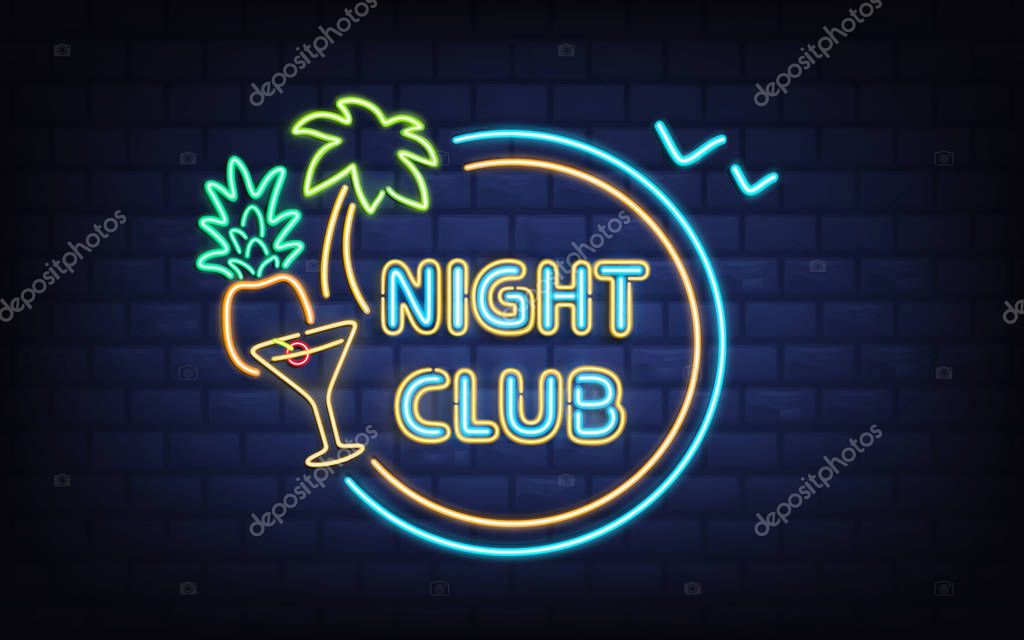 Resort night club, beach cocktail bar retro signboard with palm tree, coconut, cocktail glass glowing blue, yellow, green fluorescent, neon lines on brick wall background realistic vector illustration
