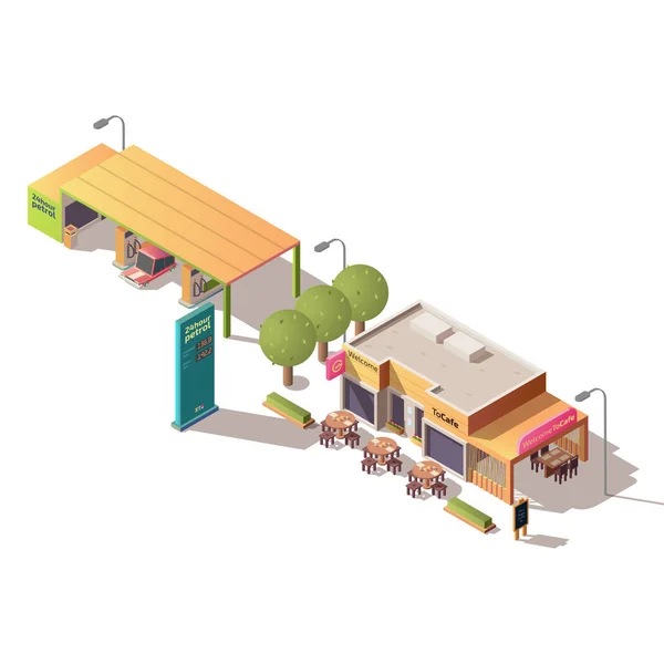 Tankstelle und Straßencafé isometrischer Vektor — Stockvektor