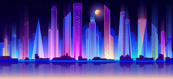 Night metropolis buildings on seashore flat vector — Stock Vector